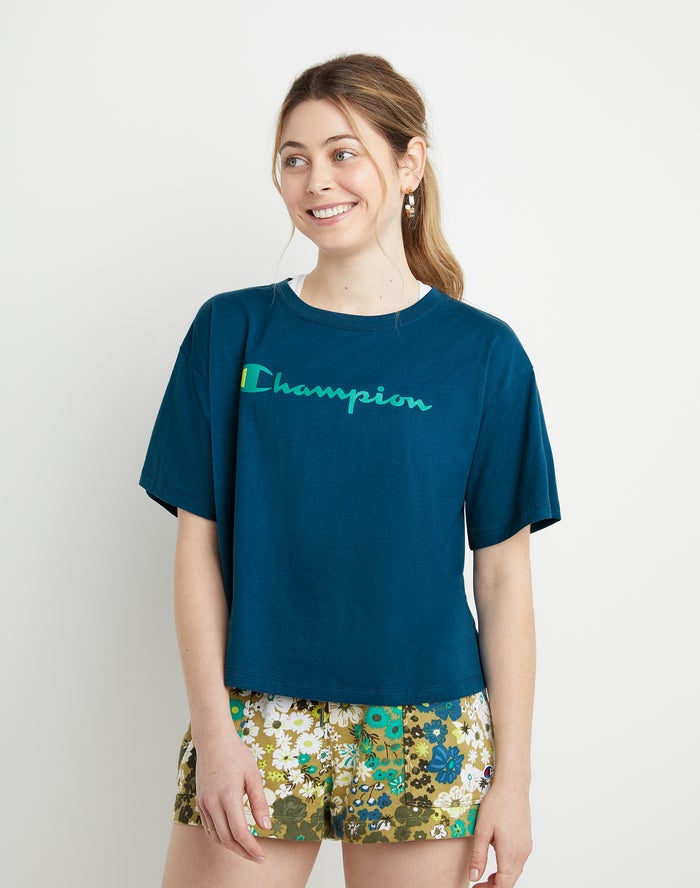 Champion Cropped Script Logo - Naisten Sininen T-Paita - Suomi 6974283-NG